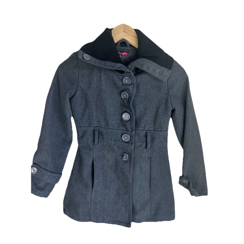 Girls Gray Wool Blend Hooded Button Front Winter Coat Size 7/8
